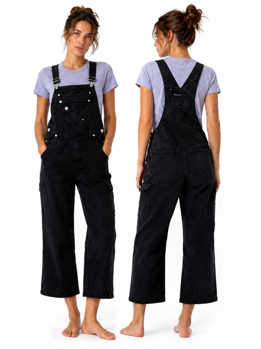 Vintage Nevada Black Denim Overalls Size Jr 16=US4-6 Wide Leg Cropped Utility
